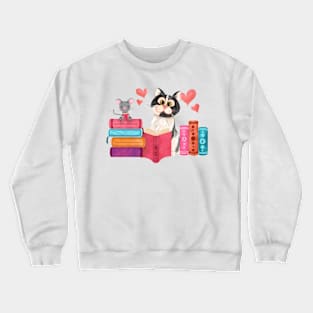 Cute little mouse and cat friend reading books Crewneck Sweatshirt